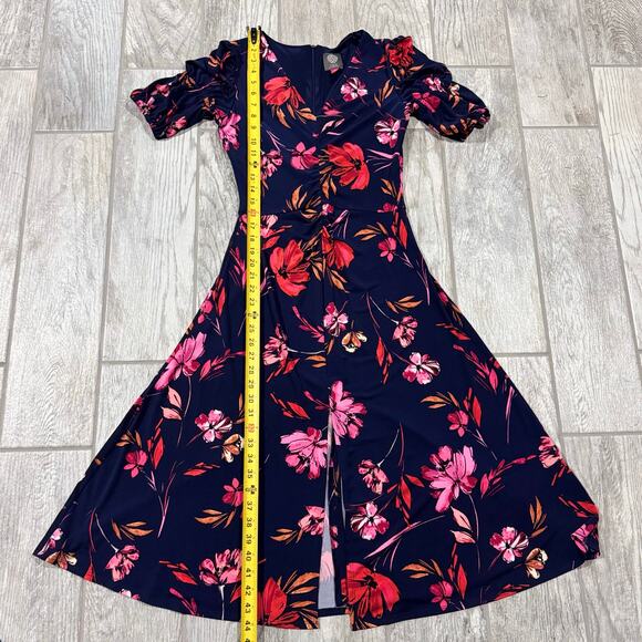 Vince Camuto Floral V-Neck‎ Midi Dress Size 4 Navy Pink Ruched Feminine Romantic - Picture 14 of 15